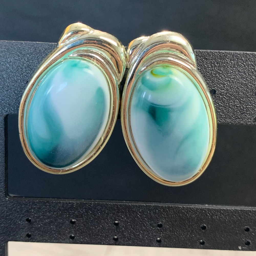 Gold Tone Oval Marbled Teal White Cabochon Statement Stud Earrings